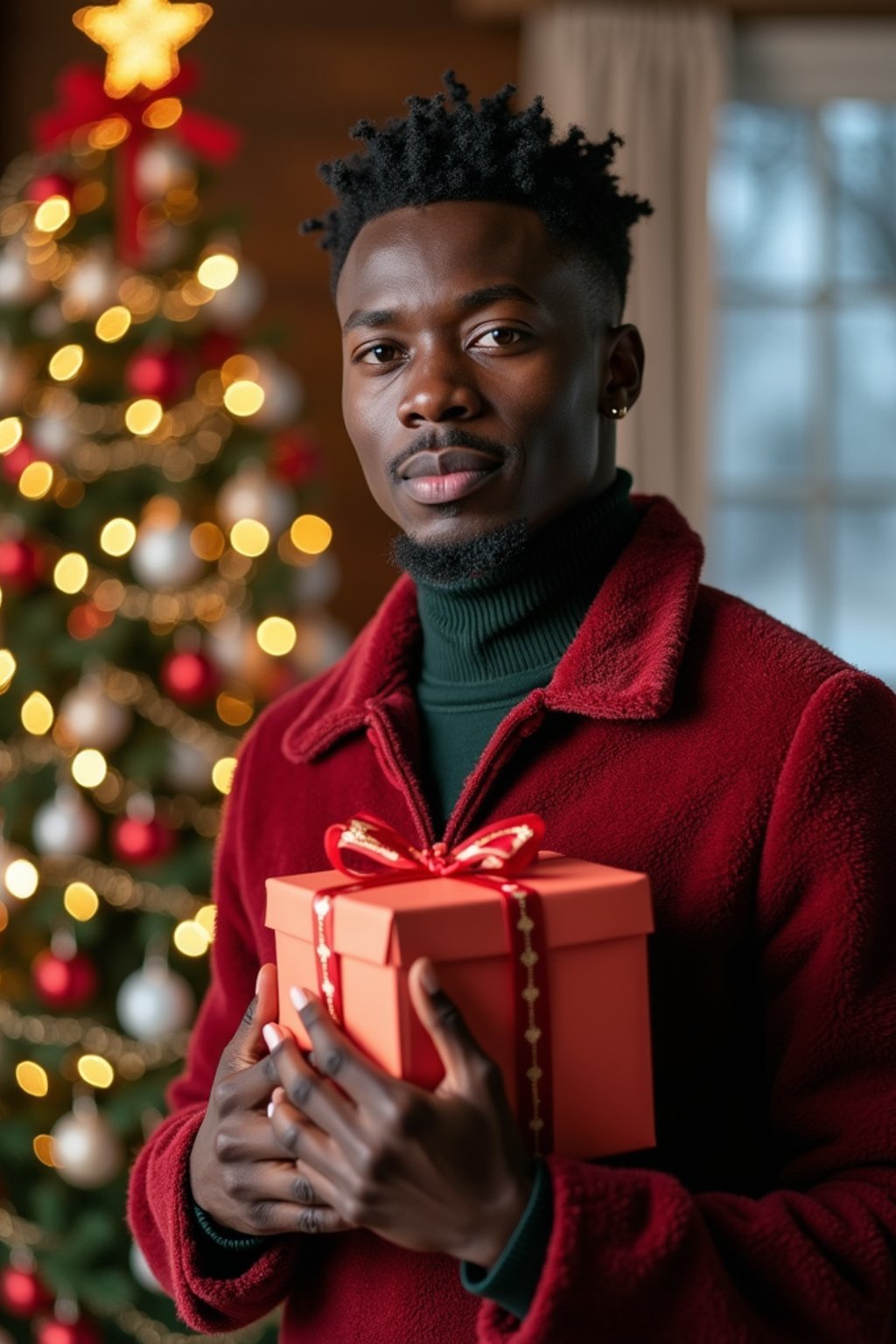 A man posing in front of a Christmas tree, holding presents, with snowflakes and festive lights in the background.