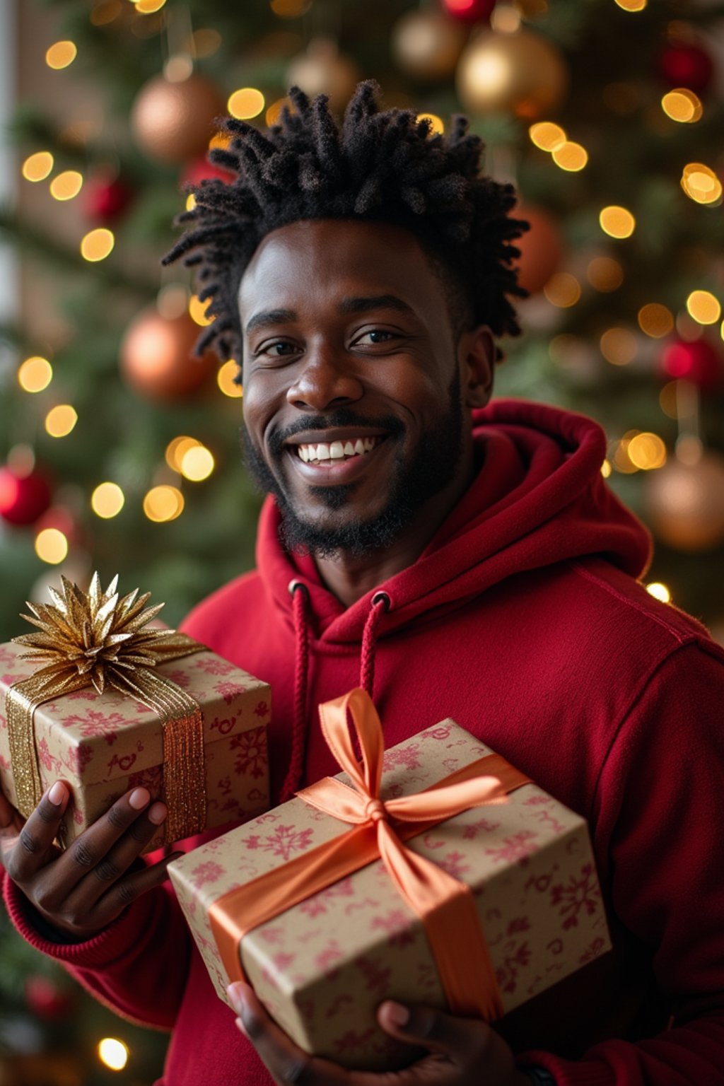 A man posing in front of a Christmas tree, holding presents, with snowflakes and festive lights in the background.