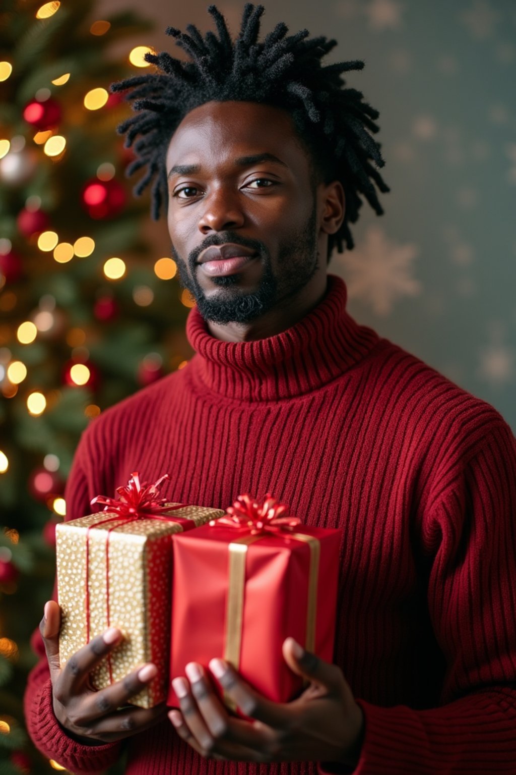 A man posing in front of a Christmas tree, holding presents, with snowflakes and festive lights in the background.
