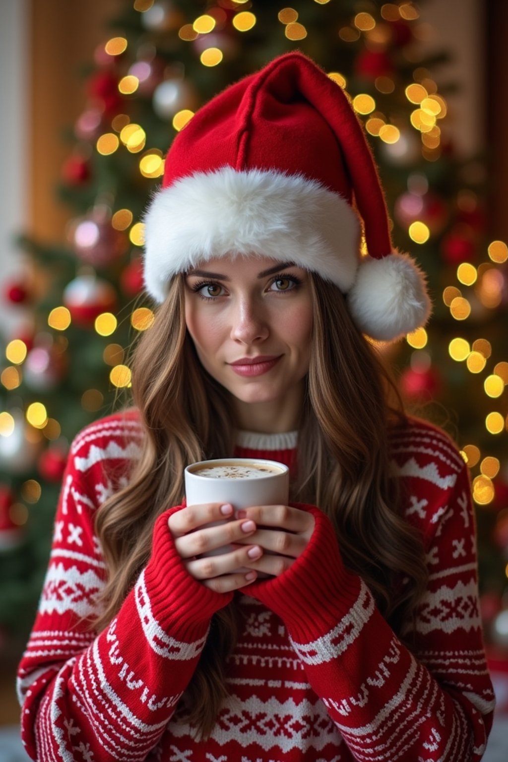A woman wearing Christmas sweaters and Santa hats, enjoying hot cocoa in front of a decorated Christmas tree.