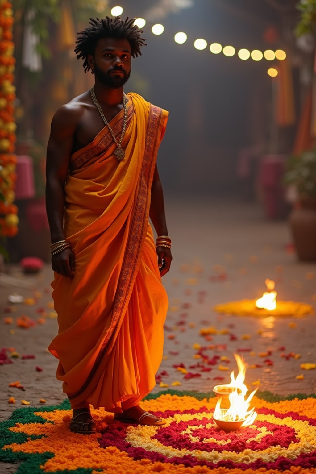 A man wearing a traditional Indian outfit like a sari or kurta, standing beside a rangoli made of colorful flowers and lit diyas, with a festive backdrop.