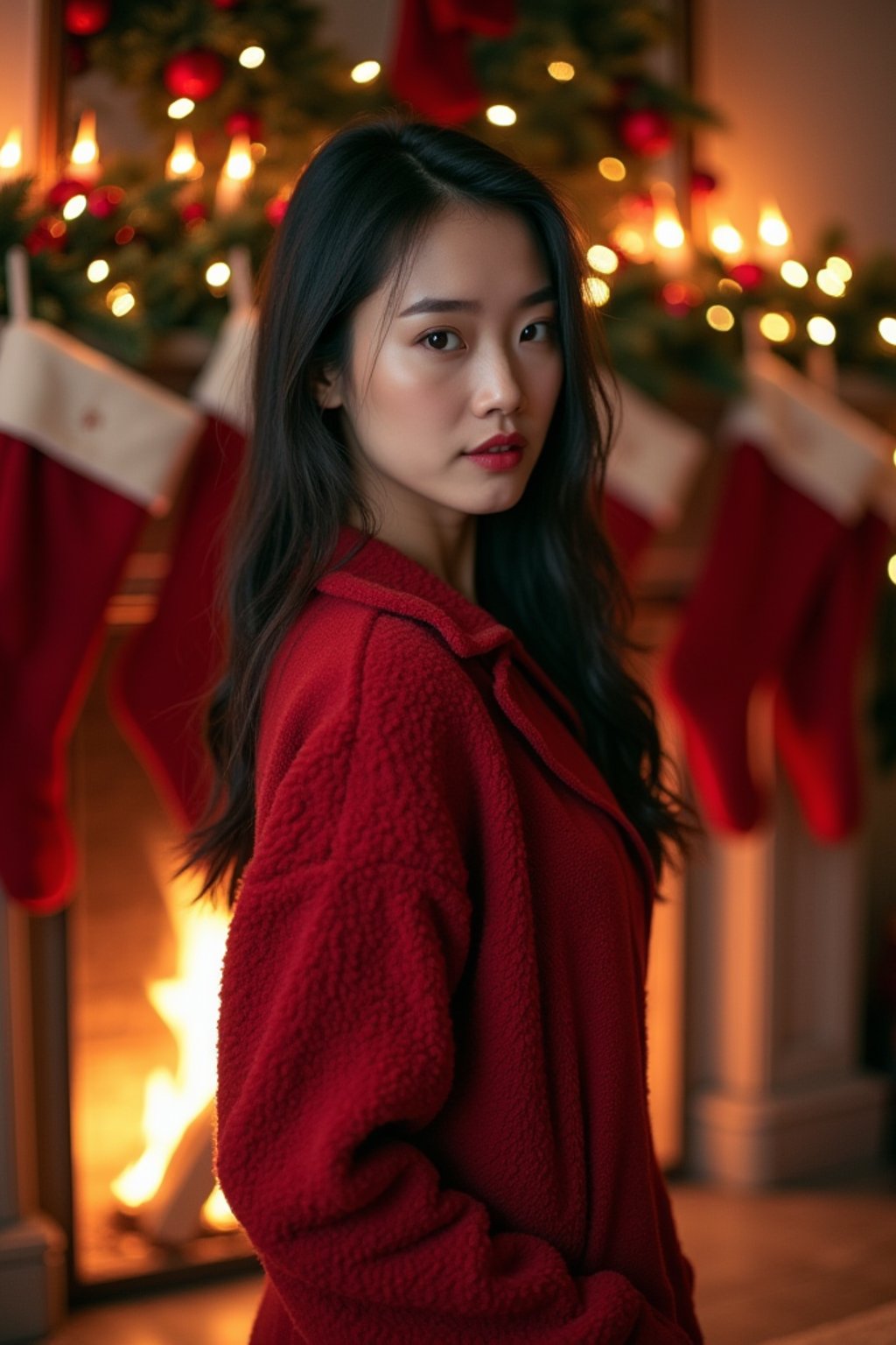 a woman posing for a christmas card photo, standing in front of a fireplace with stockings, garland, and holiday decorations.