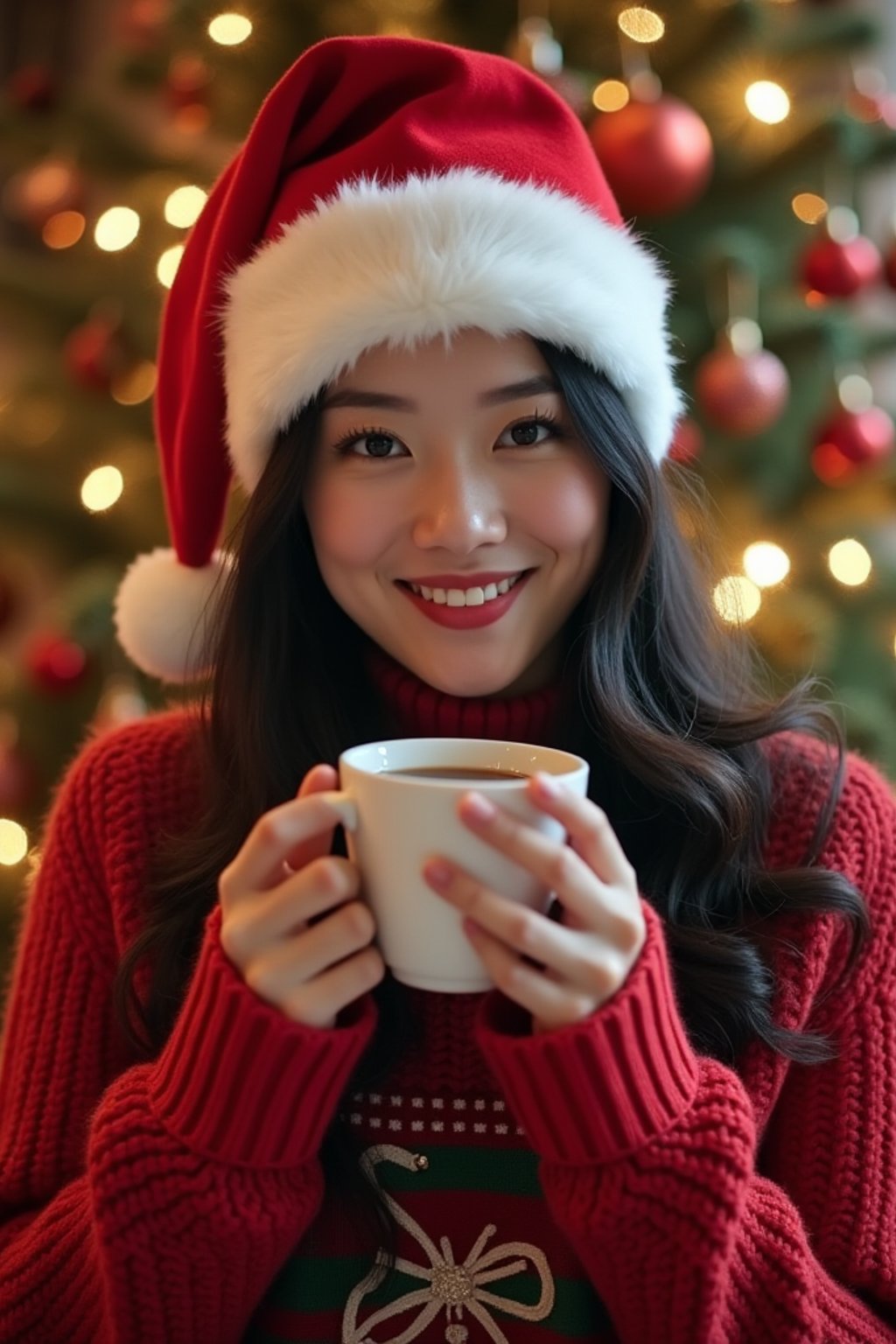 a woman wearing christmas sweaters and santa hats, enjoying hot cocoa in front of a decorated christmas tree.