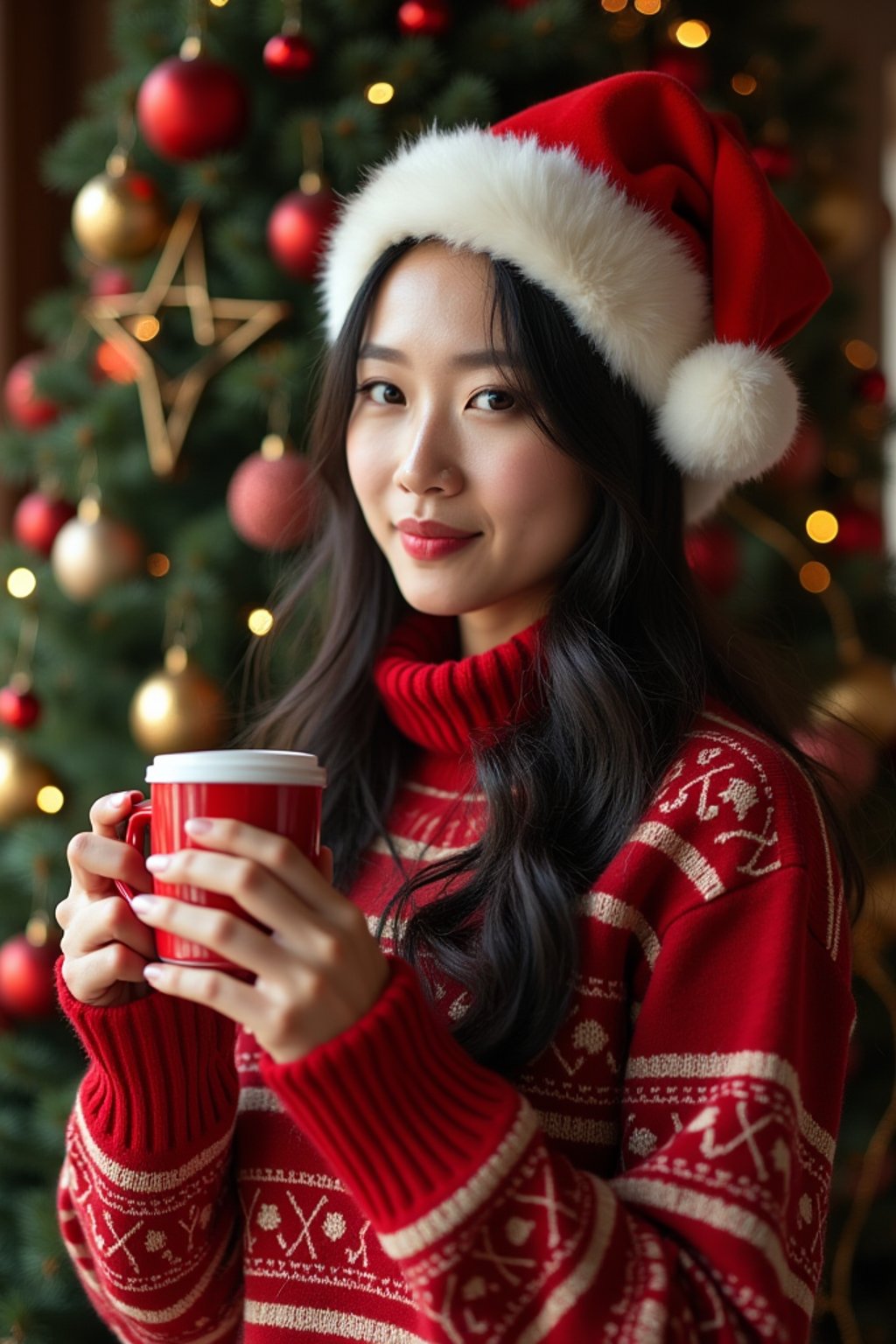 a woman wearing christmas sweaters and santa hats, enjoying hot cocoa in front of a decorated christmas tree.