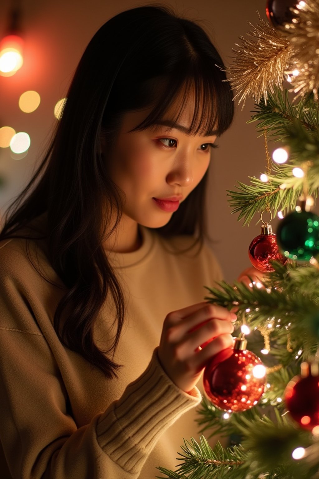 a woman decorating a christmas tree with colorful ornaments and tinsel, in a warm, festive setting.