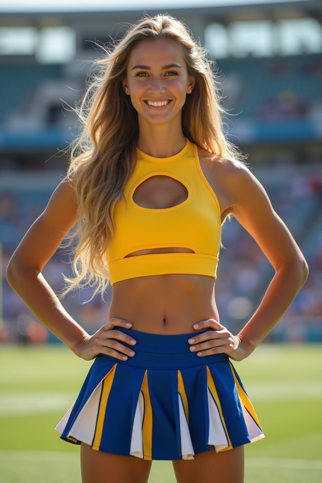 front view of woman smiling directly at camera. the woman wears a yellow cheerleading outfit featuring a crop top matching blue and white pleated skirt. the top has a cut-out design below the bust. dynamic and energetic pose, stadium background, vibrant lighting