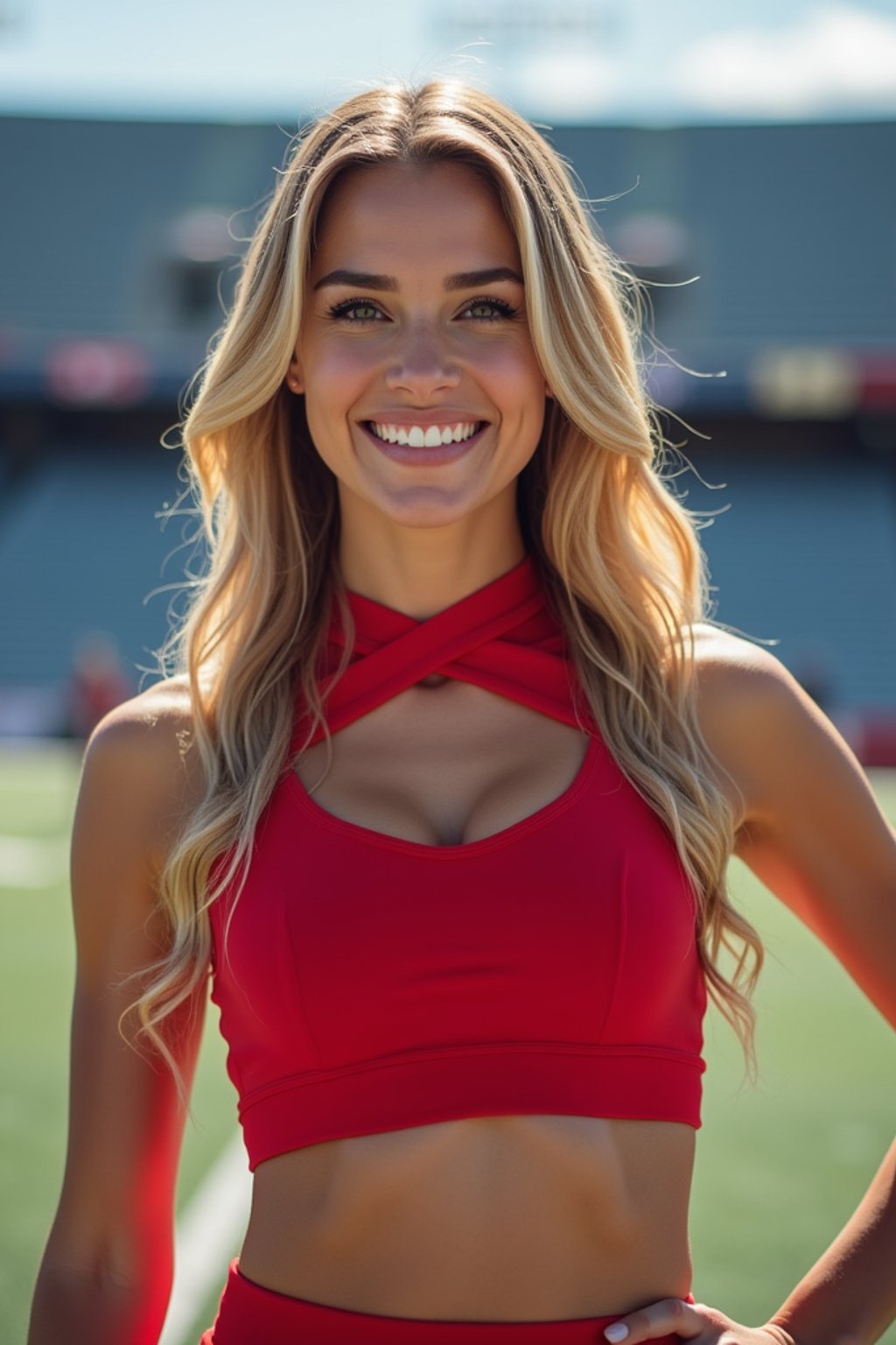 front view of woman smiling directly at camera. the woman wears a red cheerleading outfit featuring a crop top matching blue and white pleated skirt. the top has a cut-out design below the bust. dynamic and energetic pose, stadium background, vibrant lighting