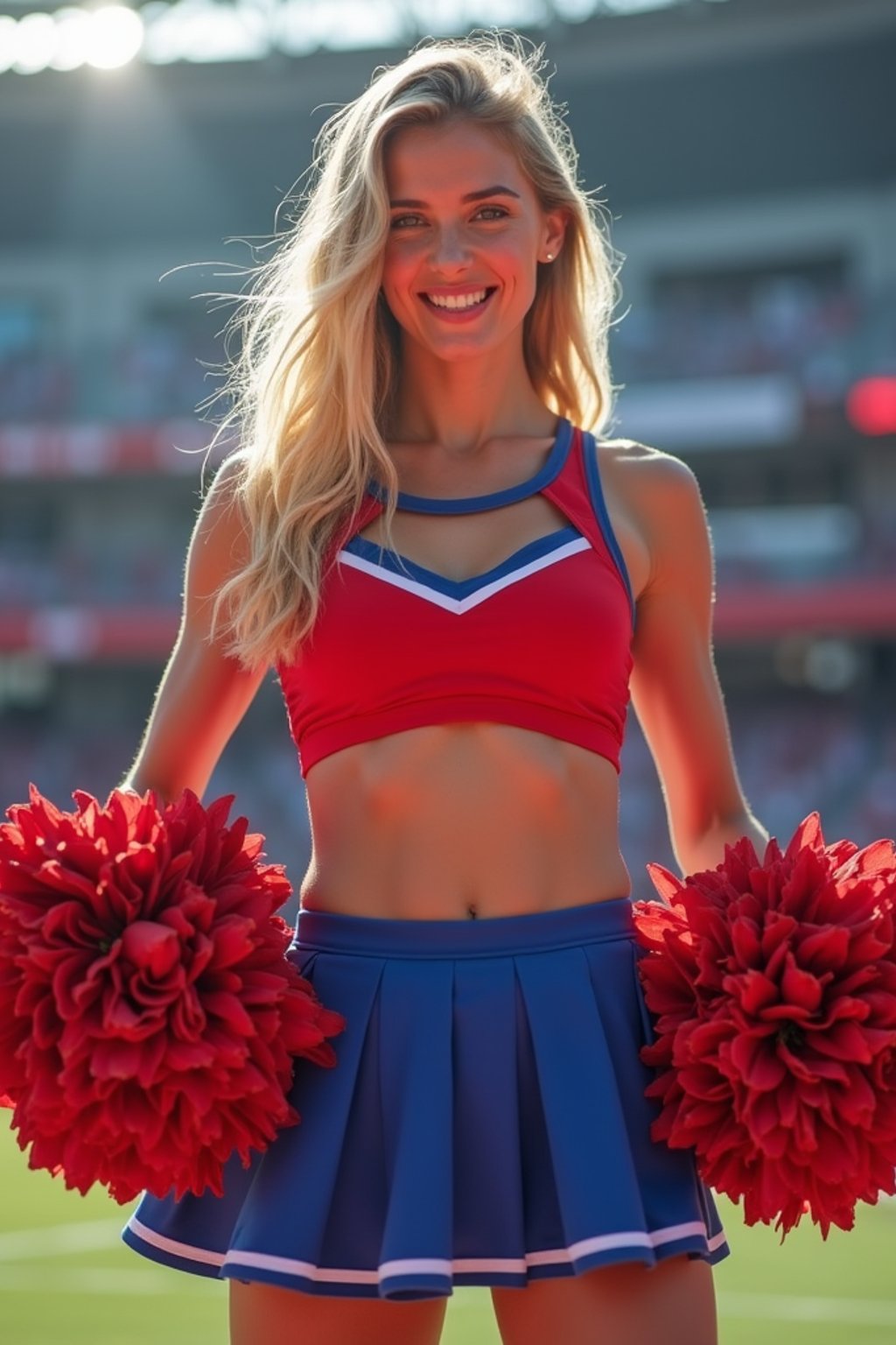 front view of woman smiling directly at camera. the woman wears a red cheerleading outfit featuring a crop top matching blue and white pleated skirt. the top has a cut-out design below the bust. dynamic and energetic pose, stadium background, vibrant lighting