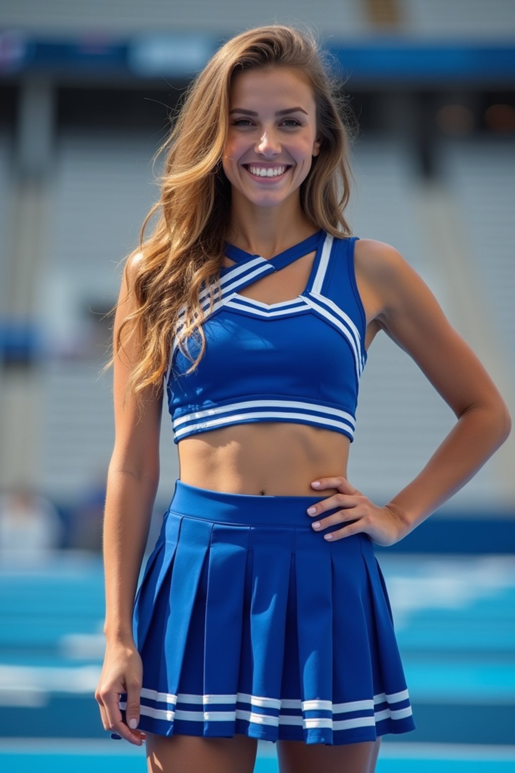 Front view of woman smiling directly at camera. The woman wears a blue cheerleading outfit featuring a crop top matching blue and white pleated skirt. The top has a cut-out design below the bust. dynamic and energetic pose, stadium background, vibrant lighting