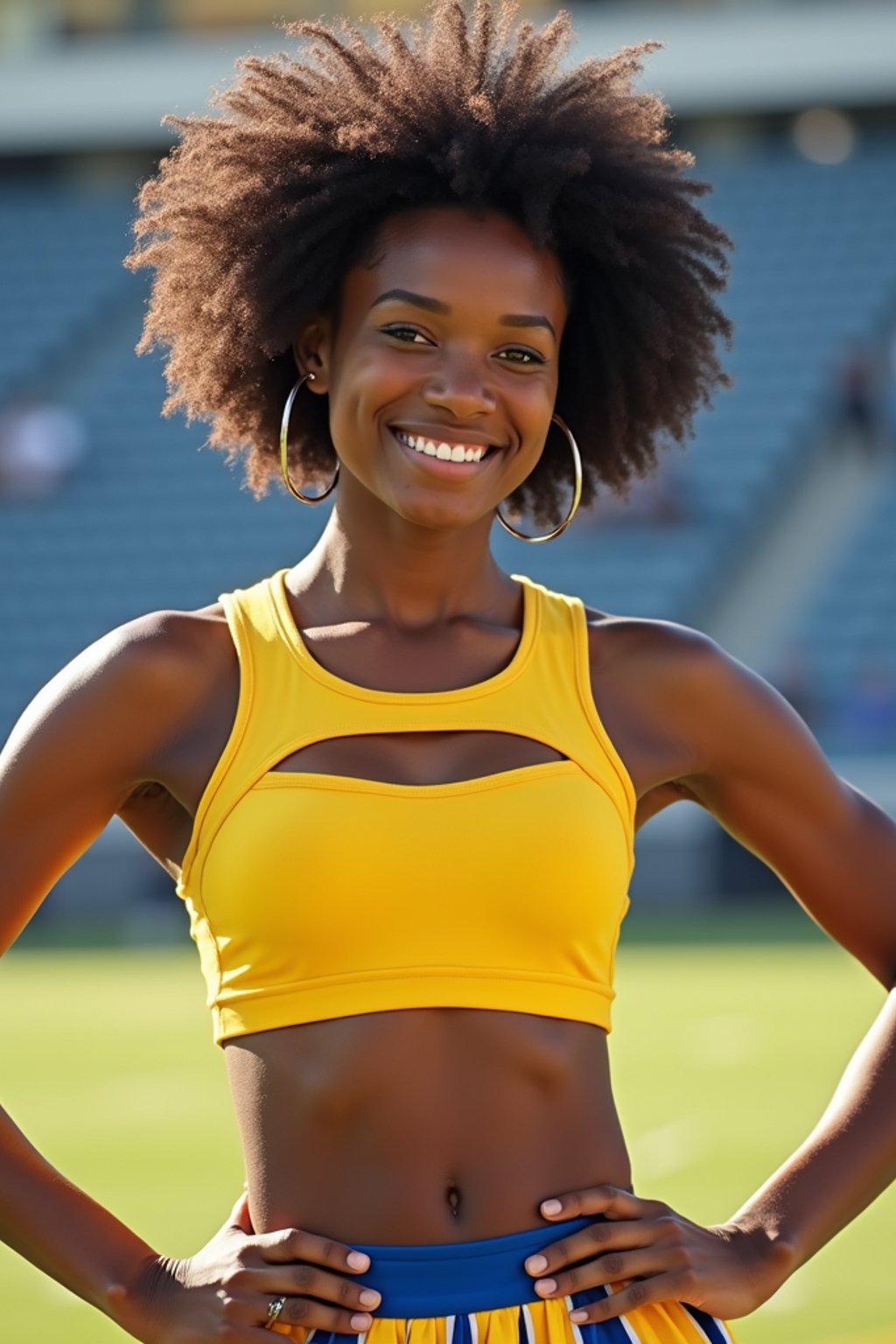 front view of woman smiling directly at camera. the woman wears a yellow cheerleading outfit featuring a crop top matching blue and white pleated skirt. the top has a cut-out design below the bust. dynamic and energetic pose, stadium background, vibrant lighting