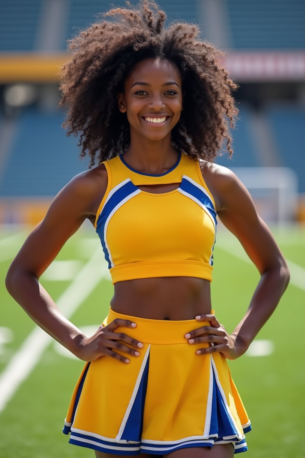 front view of woman smiling directly at camera. the woman wears a yellow cheerleading outfit featuring a crop top matching blue and white pleated skirt. the top has a cut-out design below the bust. dynamic and energetic pose, stadium background, vibrant lighting