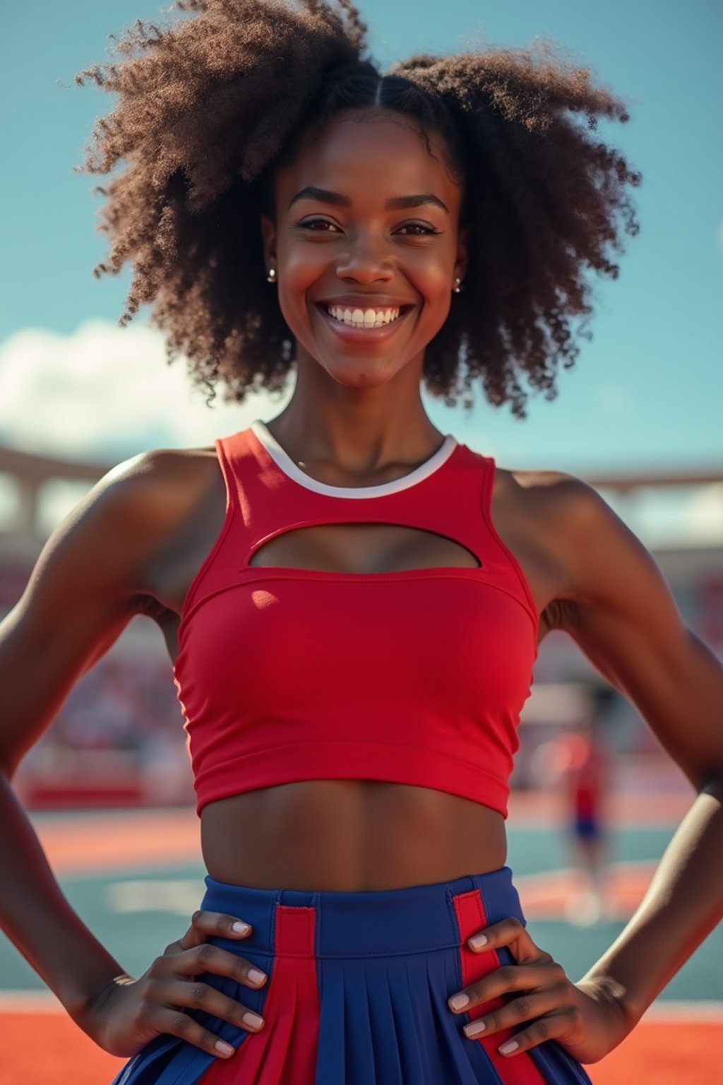 front view of woman smiling directly at camera. the woman wears a red cheerleading outfit featuring a crop top matching blue and white pleated skirt. the top has a cut-out design below the bust. dynamic and energetic pose, stadium background, vibrant lighting