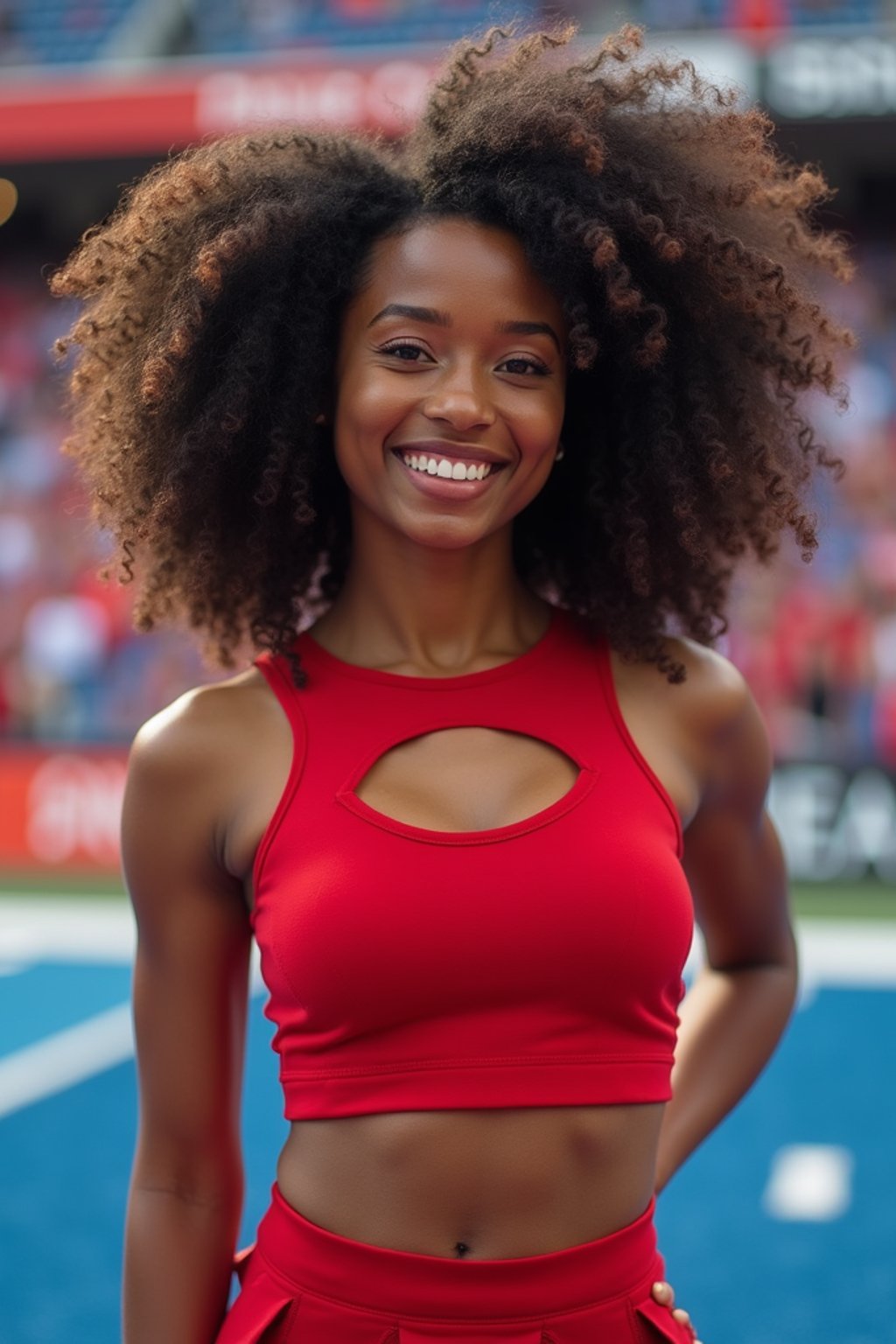 front view of woman smiling directly at camera. the woman wears a red cheerleading outfit featuring a crop top matching blue and white pleated skirt. the top has a cut-out design below the bust. dynamic and energetic pose, stadium background, vibrant lighting