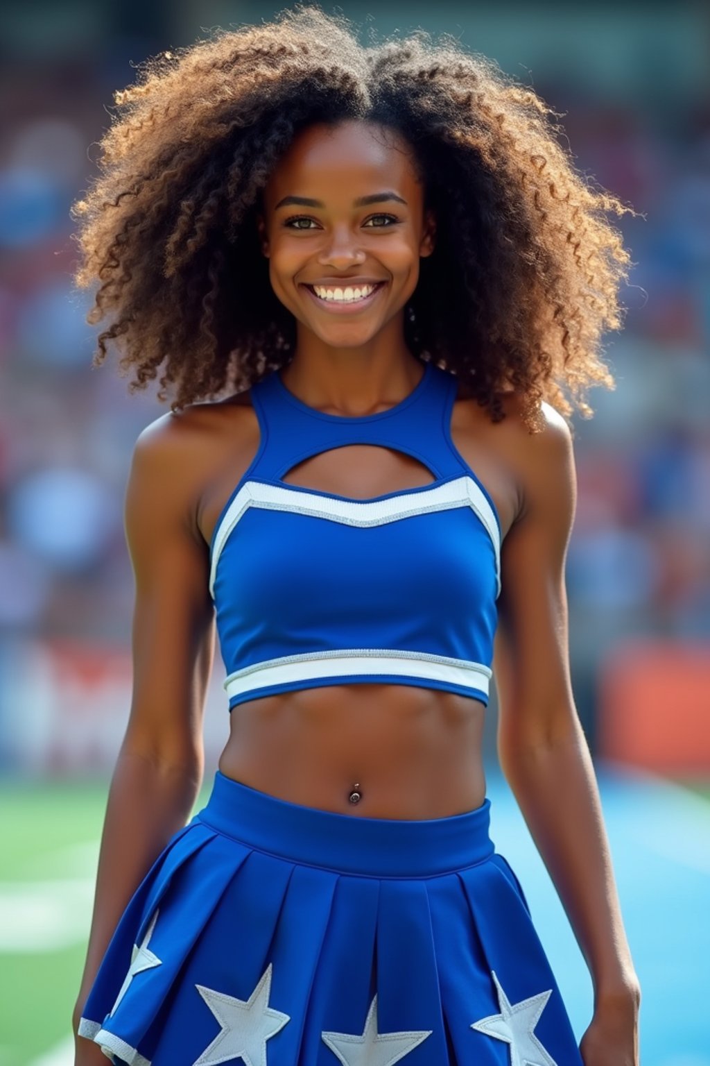 Front view of woman smiling directly at camera. The woman wears a blue cheerleading outfit featuring a crop top matching blue and white pleated skirt. The top has a cut-out design below the bust. dynamic and energetic pose, stadium background, vibrant lighting
