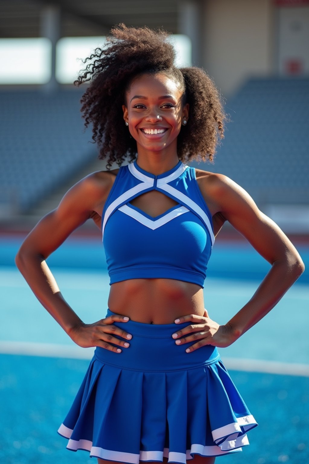 Front view of woman smiling directly at camera. The woman wears a blue cheerleading outfit featuring a crop top matching blue and white pleated skirt. The top has a cut-out design below the bust. dynamic and energetic pose, stadium background, vibrant lighting
