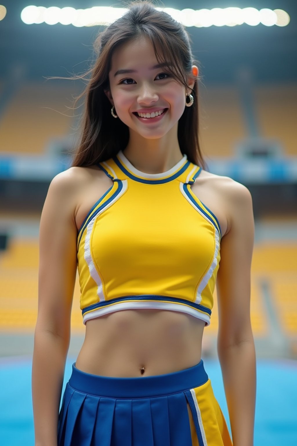 front view of woman smiling directly at camera. the woman wears a yellow cheerleading outfit featuring a crop top matching blue and white pleated skirt. the top has a cut-out design below the bust. dynamic and energetic pose, stadium background, vibrant lighting