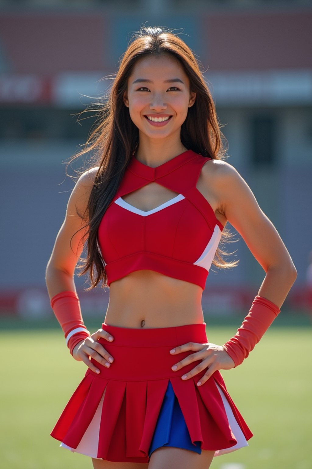 front view of woman smiling directly at camera. the woman wears a red cheerleading outfit featuring a crop top matching blue and white pleated skirt. the top has a cut-out design below the bust. dynamic and energetic pose, stadium background, vibrant lighting