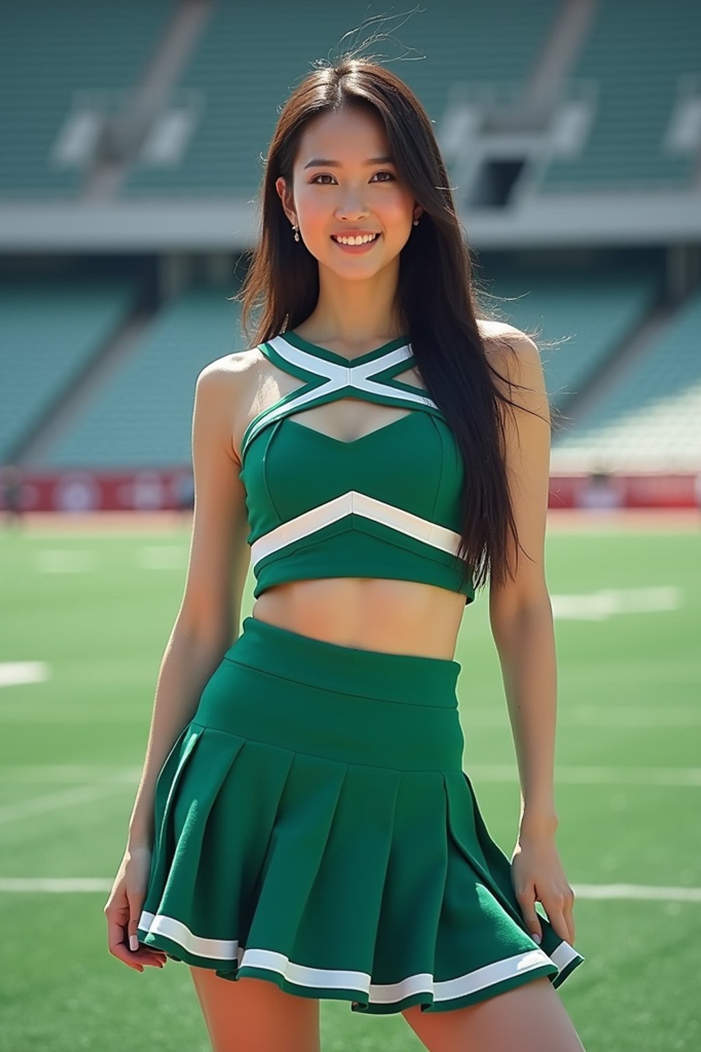 front view of woman smiling directly at camera. the woman wears a green cheerleading outfit featuring a crop top matching blue and white pleated skirt. the top has a cut-out design below the bust. dynamic and energetic pose, stadium background, vibrant lighting