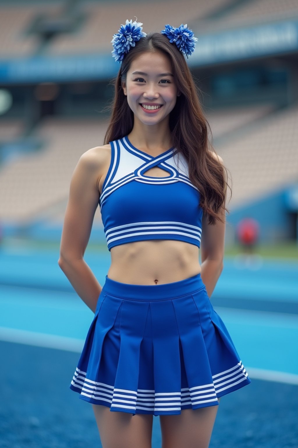 Front view of woman smiling directly at camera. The woman wears a blue cheerleading outfit featuring a crop top matching blue and white pleated skirt. The top has a cut-out design below the bust. dynamic and energetic pose, stadium background, vibrant lighting
