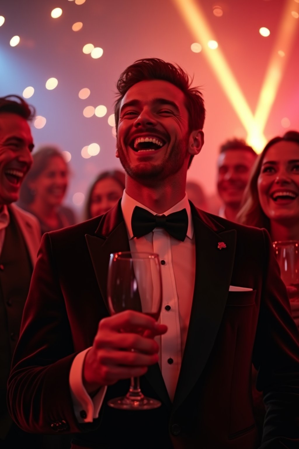 Candid view of man laughing joyfully, dressed as  a suave gentleman in a tailored velvet blazer with a bow tie. Set in a vibrant party scene, surrounded by people cheering and raising champagne glasses. Dynamic lighting.