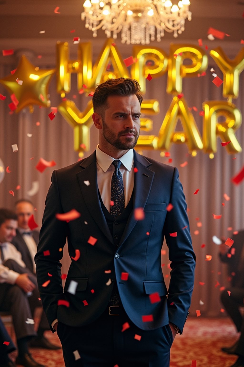 Wide shot of man standing amidst a cascade of confetti. The man wears  a stylish navy suit with a festive tie. The scene features a decorated ballroom with 'Happy New Year' balloons. Soft glowing lighting.