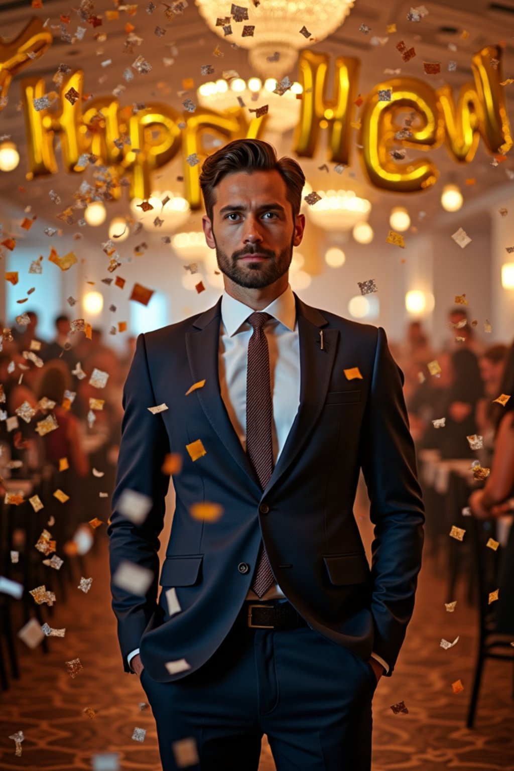 Wide shot of man standing amidst a cascade of confetti. The man wears  a stylish navy suit with a festive tie. The scene features a decorated ballroom with 'Happy New Year' balloons. Soft glowing lighting.