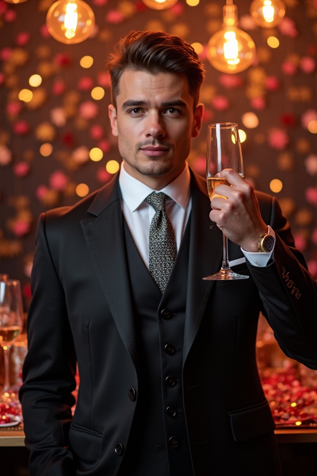 Model posing confidently, wearing  a classy three-piece suit with a patterned tie and cufflinks. Surrounded by champagne glasses and confetti in a luxurious New Year’s Eve party setting. Vibrant lighting.