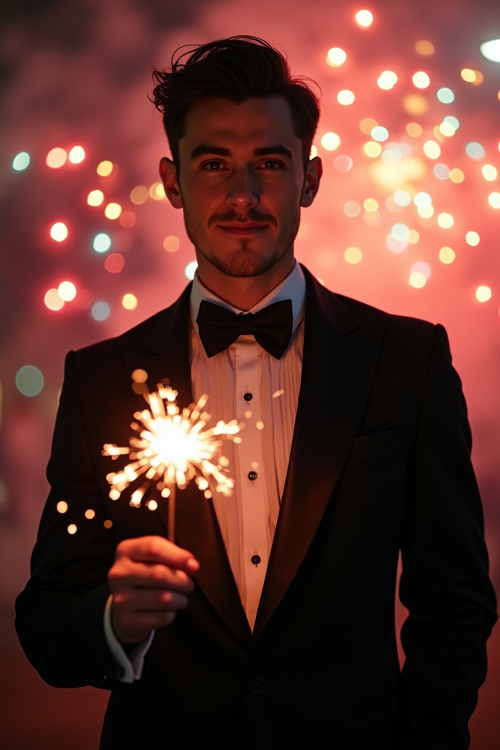 Front view of man in  a sleek black tuxedo with a velvet bow tie. The man is holding a sparkler in a festive environment with colorful fireworks in the background. Cinematic lighting.