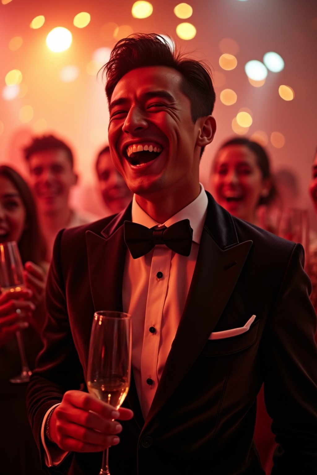 Candid view of man laughing joyfully, dressed as  a suave gentleman in a tailored velvet blazer with a bow tie. Set in a vibrant party scene, surrounded by people cheering and raising champagne glasses. Dynamic lighting.