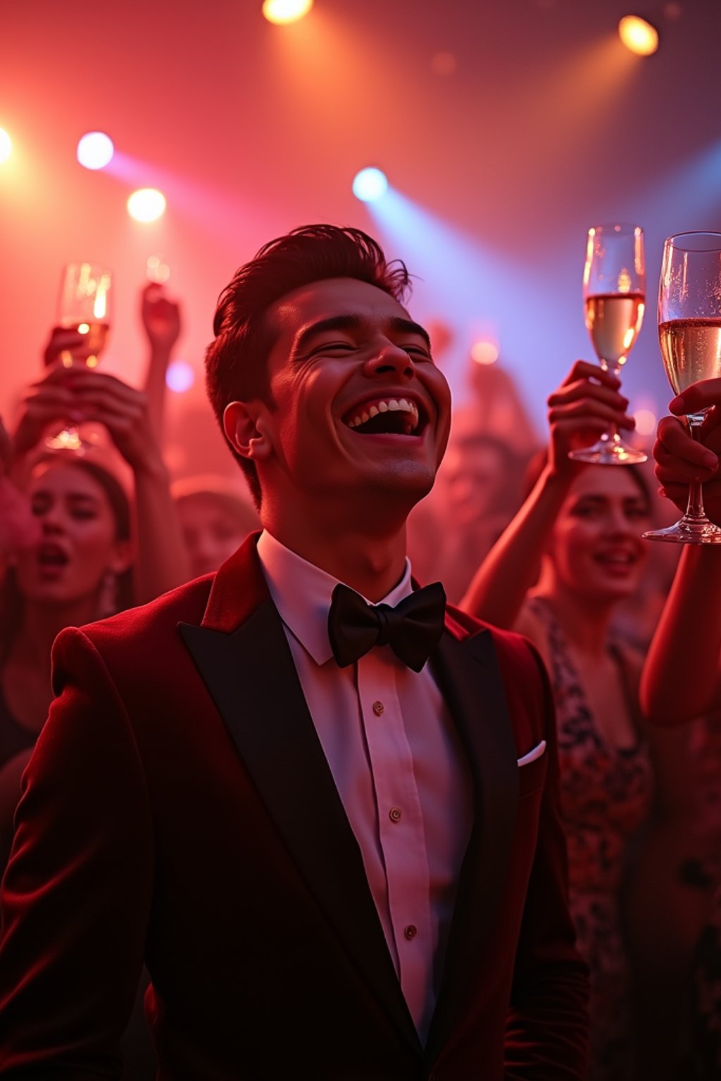 Candid view of man laughing joyfully, dressed as  a suave gentleman in a tailored velvet blazer with a bow tie. Set in a vibrant party scene, surrounded by people cheering and raising champagne glasses. Dynamic lighting.