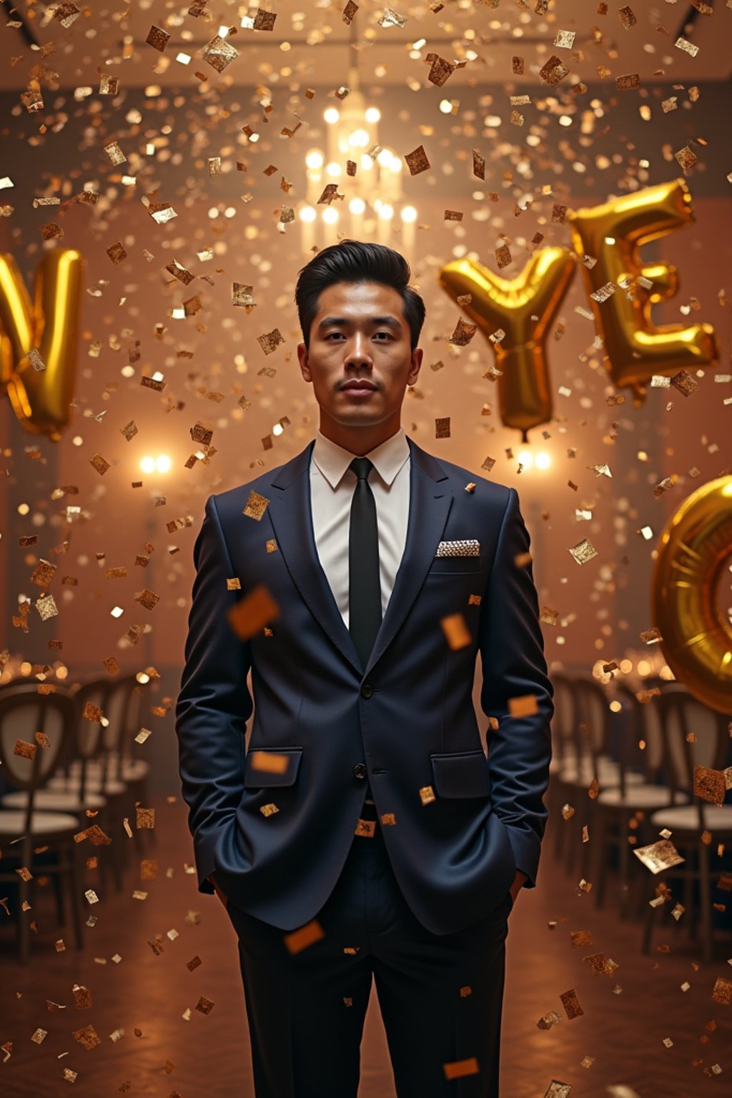 Wide shot of man standing amidst a cascade of confetti. The man wears  a stylish navy suit with a festive tie. The scene features a decorated ballroom with 'Happy New Year' balloons. Soft glowing lighting.