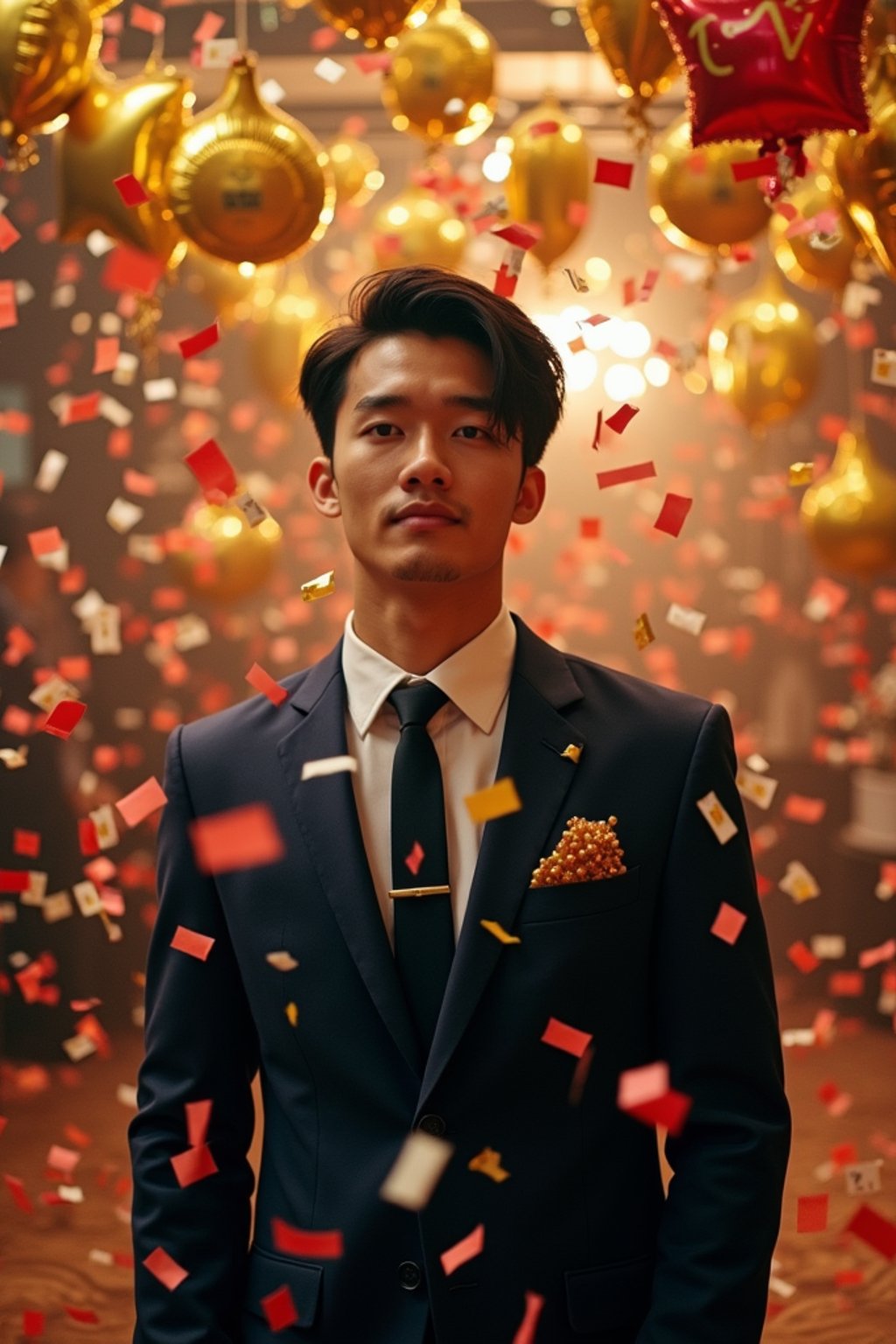 Wide shot of man standing amidst a cascade of confetti. The man wears  a stylish navy suit with a festive tie. The scene features a decorated ballroom with 'Happy New Year' balloons. Soft glowing lighting.