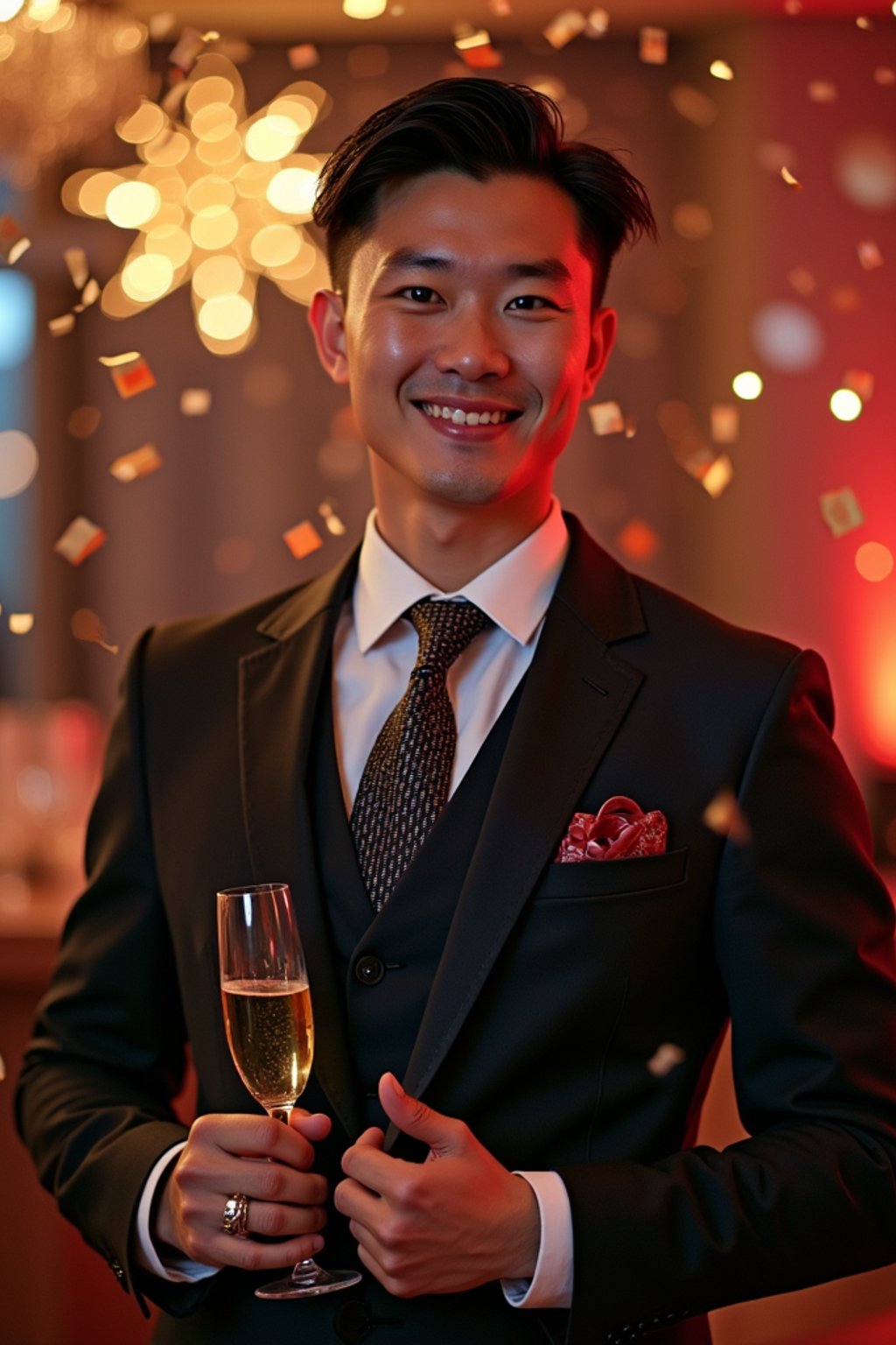 Model posing confidently, wearing  a classy three-piece suit with a patterned tie and cufflinks. Surrounded by champagne glasses and confetti in a luxurious New Year’s Eve party setting. Vibrant lighting.