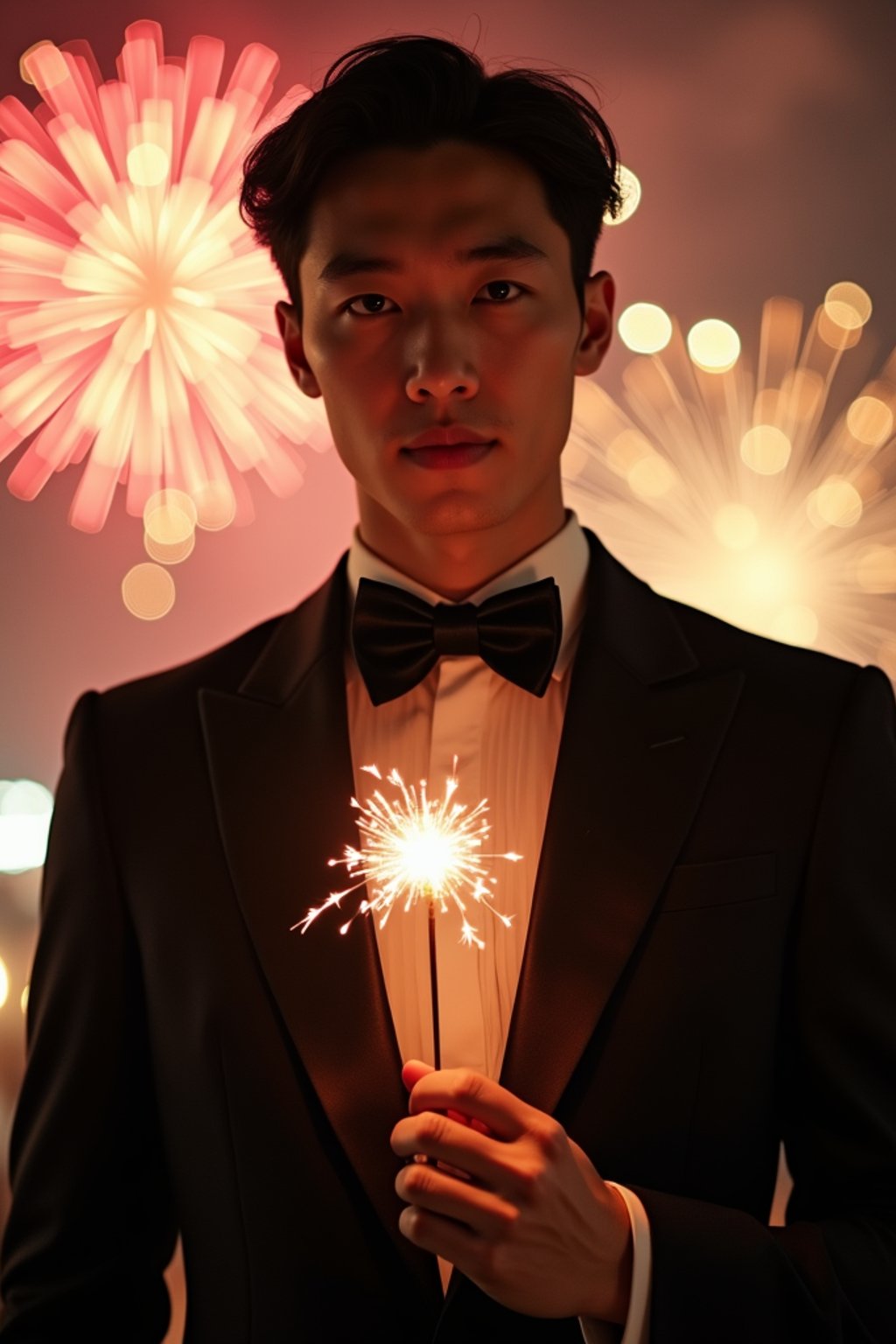 Front view of man in  a sleek black tuxedo with a velvet bow tie. The man is holding a sparkler in a festive environment with colorful fireworks in the background. Cinematic lighting.
