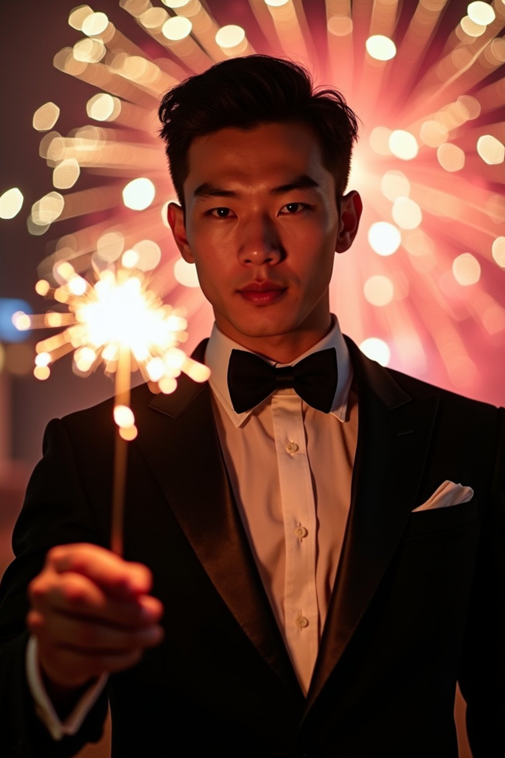 Front view of man in  a sleek black tuxedo with a velvet bow tie. The man is holding a sparkler in a festive environment with colorful fireworks in the background. Cinematic lighting.