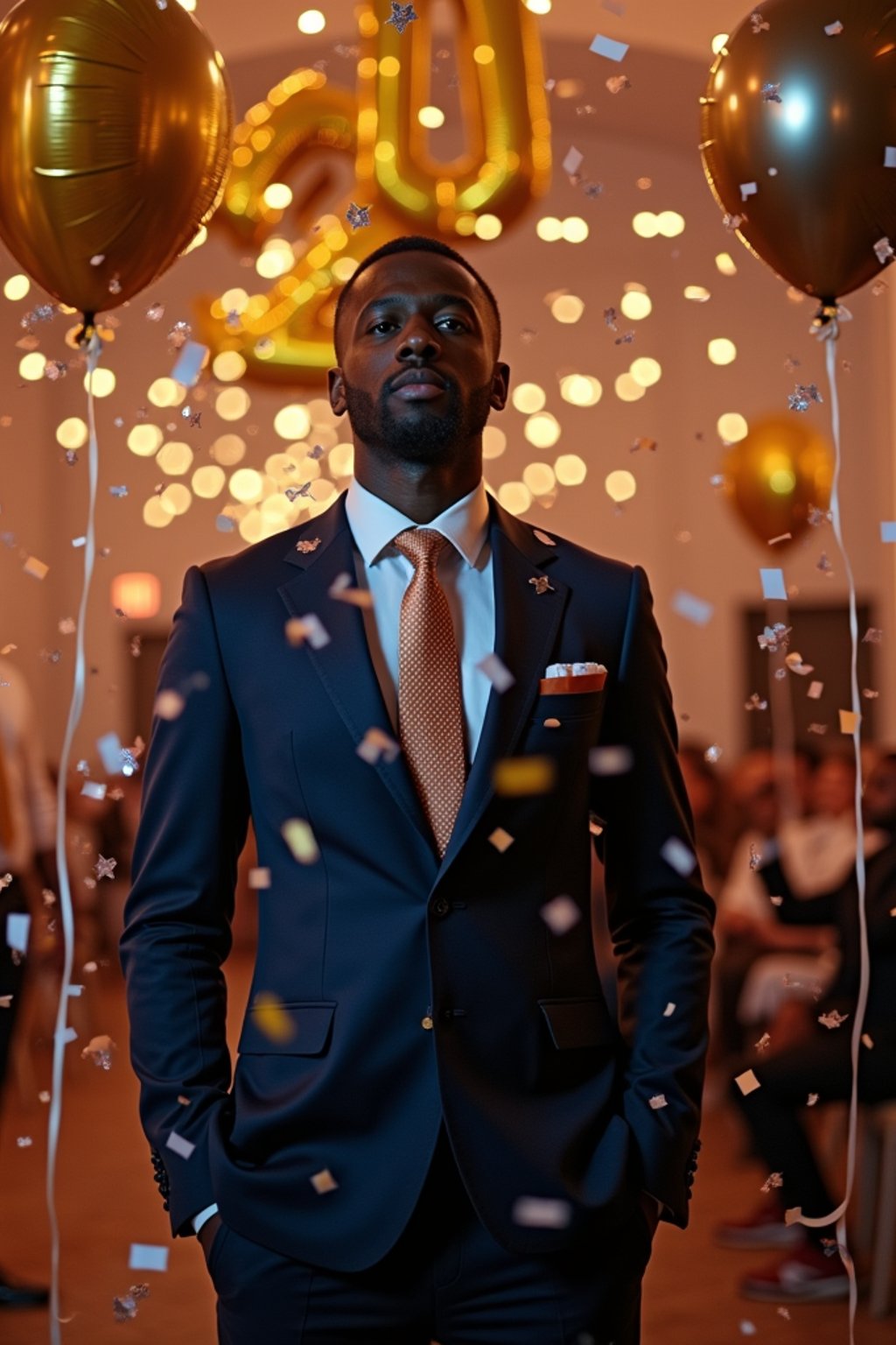 Wide shot of man standing amidst a cascade of confetti. The man wears  a stylish navy suit with a festive tie. The scene features a decorated ballroom with 'Happy New Year' balloons. Soft glowing lighting.