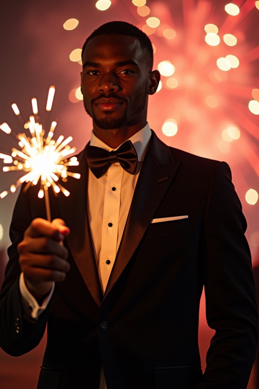 Front view of man in  a sleek black tuxedo with a velvet bow tie. The man is holding a sparkler in a festive environment with colorful fireworks in the background. Cinematic lighting.