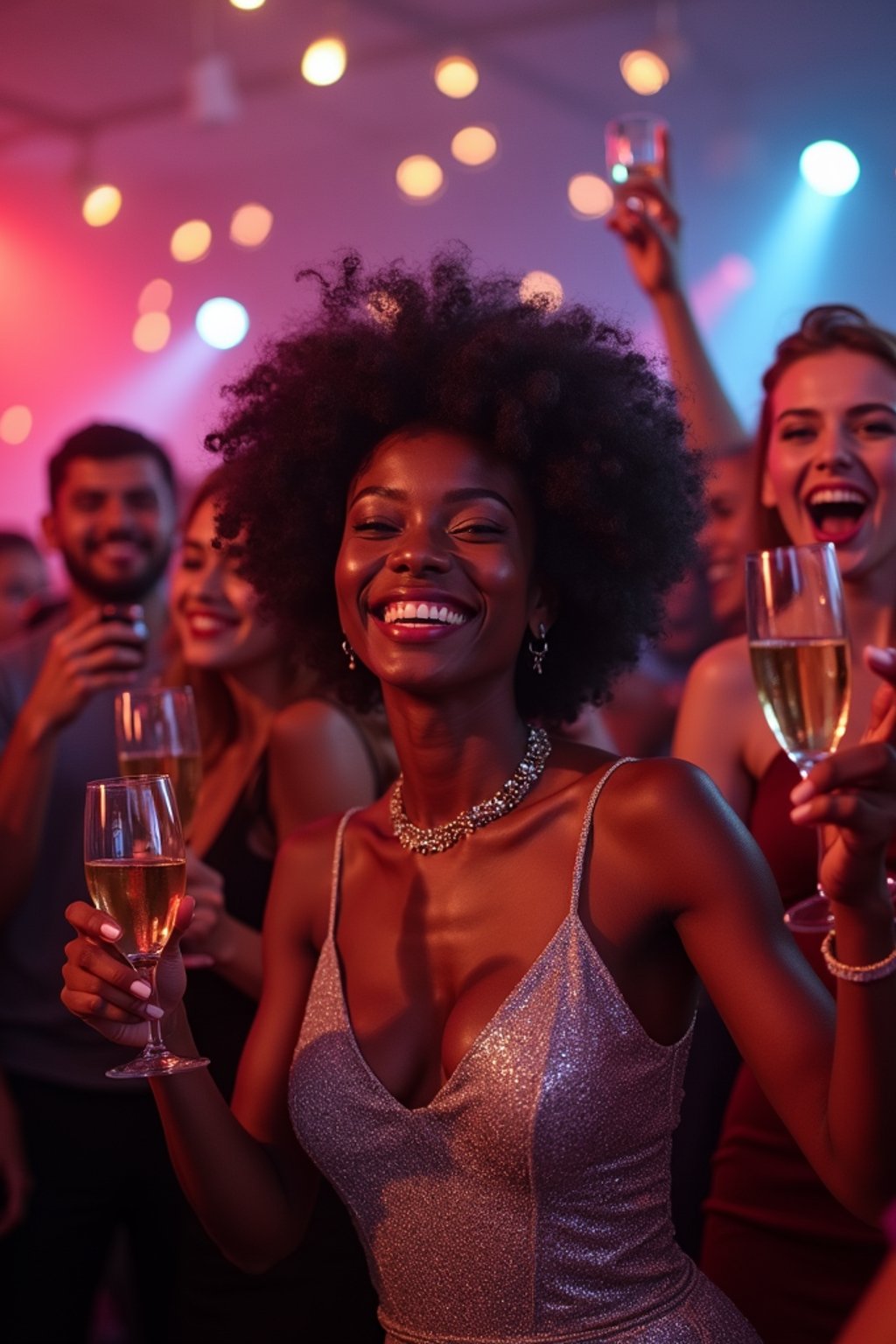 Candid view of woman laughing joyfully, dressed as a glamorous diva in a sparkling silver dress with bold makeup . Set in a vibrant party scene, surrounded by people cheering and raising champagne glasses. Dynamic lighting.