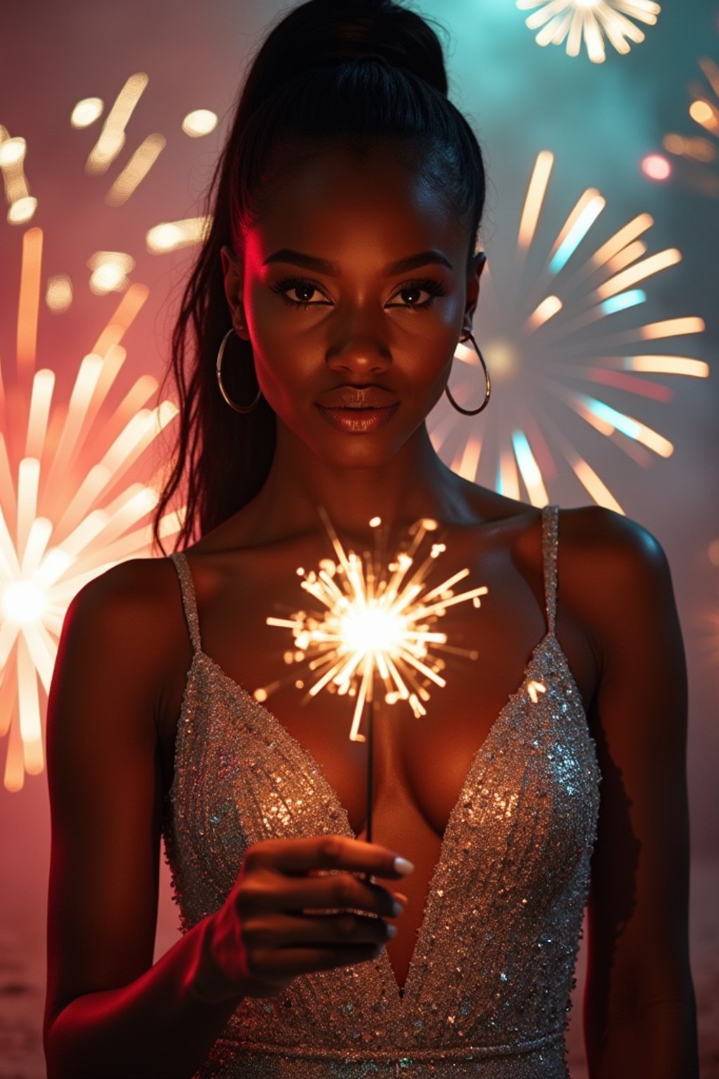 Front view of woman in a shimmering silver gown with intricate sequins . The woman is holding a sparkler in a festive environment with colorful fireworks in the background. Cinematic lighting.