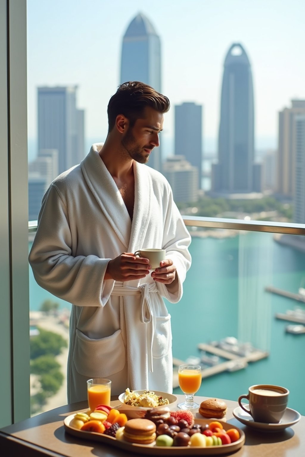 man standing on a luxurious balcony, overlooking a vibrant marina and modern skyscrapers. The man is wearing  a white robe with neatly styled hair, holding a coffee cup in one hand. A lavish breakfast tray with fresh pastries, colorful fruits, macarons, and beverages is elegantly set on a table in the foreground. The atmosphere is serene, with soft daylight enhancing the opulent cityscape and indulgent setting