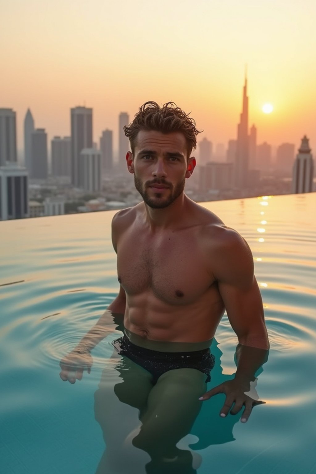 Full-body shot of man in infinity pool overlooking the skyline of Dubai at golden hour sunset. Model looks into the camera. upper body is outside the water.