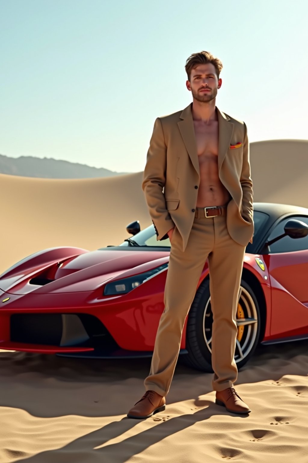 full-body shot of a confident man standing next to a red luxury ferrari sports car in a desert setting.