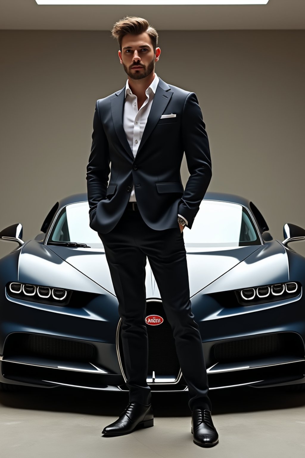Full-body shot of a confident man standing next to a bugatti sports car. mans wears luxurious clothes