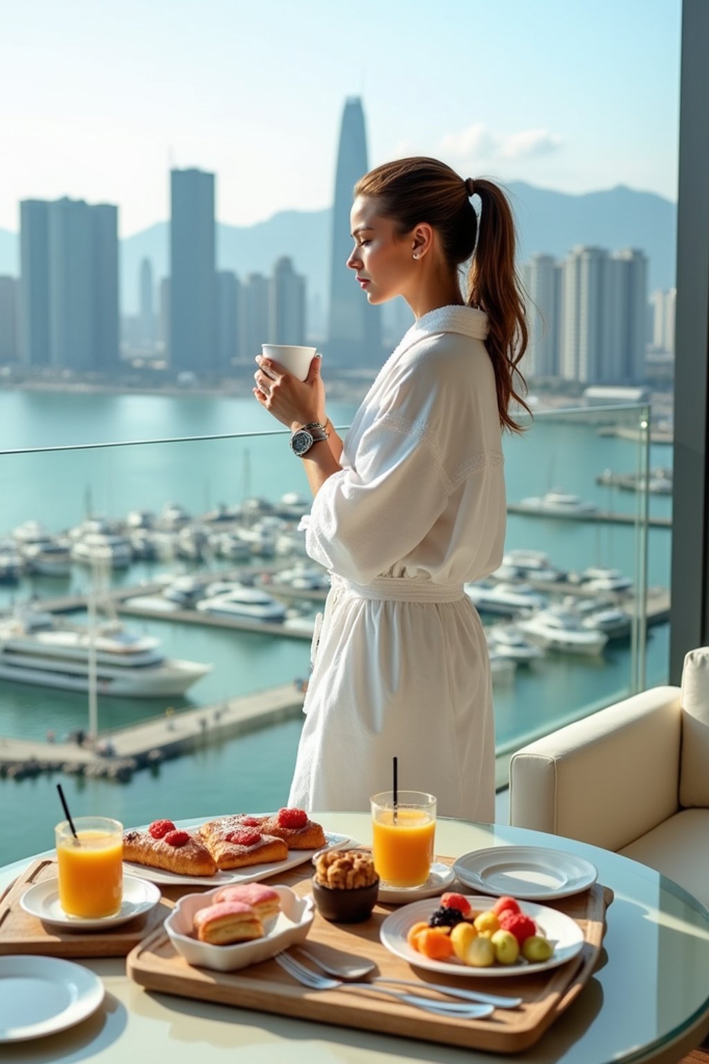 woman standing on a luxurious balcony, overlooking a vibrant marina and modern skyscrapers. The woman is wearing a white robe with their hair styled in a ponytail , holding a coffee cup in one hand. A lavish breakfast tray with fresh pastries, colorful fruits, macarons, and beverages is elegantly set on a table in the foreground. The atmosphere is serene, with soft daylight enhancing the opulent cityscape and indulgent setting