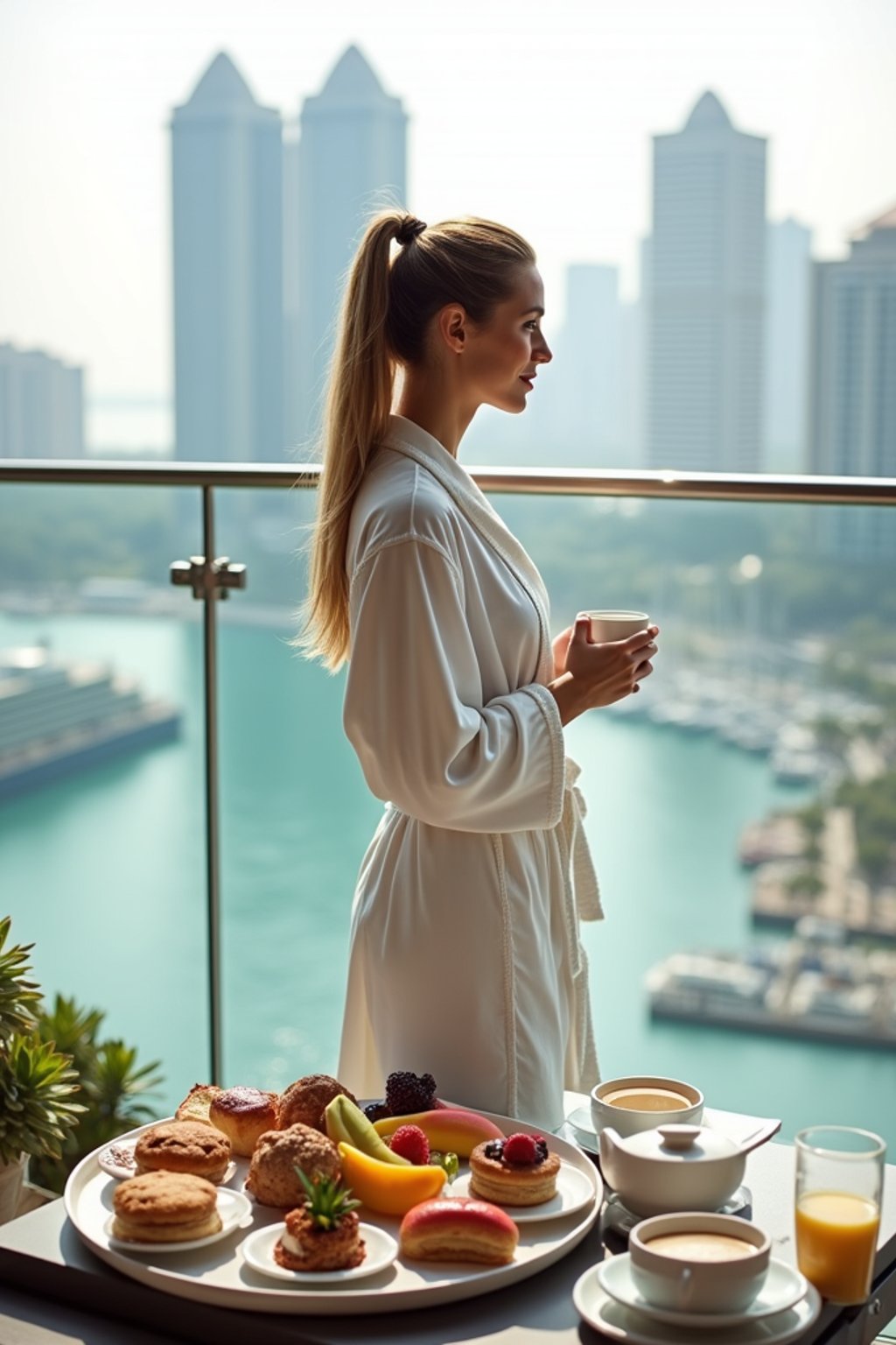 woman standing on a luxurious balcony, overlooking a vibrant marina and modern skyscrapers. The woman is wearing a white robe with their hair styled in a ponytail , holding a coffee cup in one hand. A lavish breakfast tray with fresh pastries, colorful fruits, macarons, and beverages is elegantly set on a table in the foreground. The atmosphere is serene, with soft daylight enhancing the opulent cityscape and indulgent setting