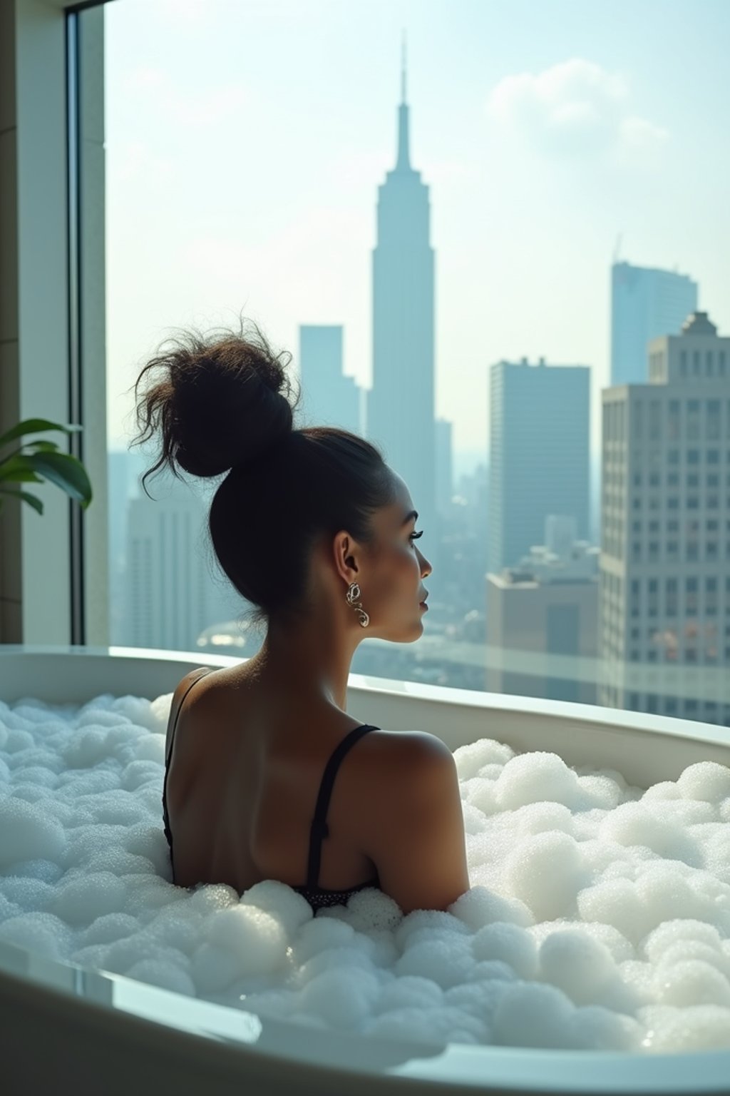 woman wearing bikini  sitting in a luxurious bathtub filled with bubbles, overlooking a modern city skyline through a large glass window. The woman has their hair styled neatly in a bun , with the urban skyscrapers creating a striking backdrop. The atmosphere is serene, featuring soft daylight filtering through the window, emphasizing a sense of calm and exclusivity.