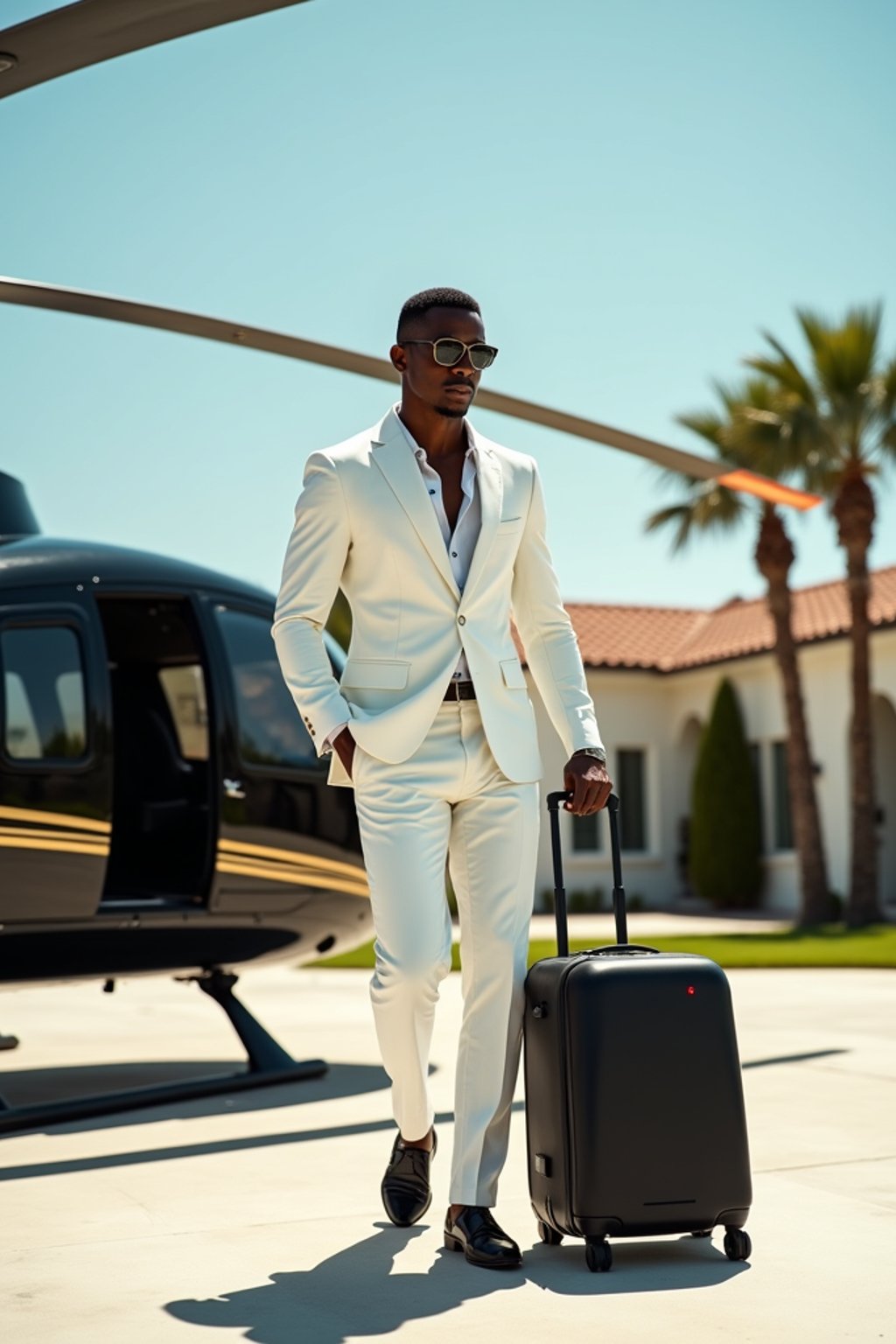 Full-body shot of a man stepping confidently away from a sleek, black helicopter on a luxurious helipad. The man is wearing  a tailored white suit with sunglasses, polished dress shoes and a stylish suitcase. The backdrop features a clear sky, palm trees, and a luxurious architectural setting, emphasizing a high-end, elite lifestyle. Dramatic sunlight enhances the glamorous scene