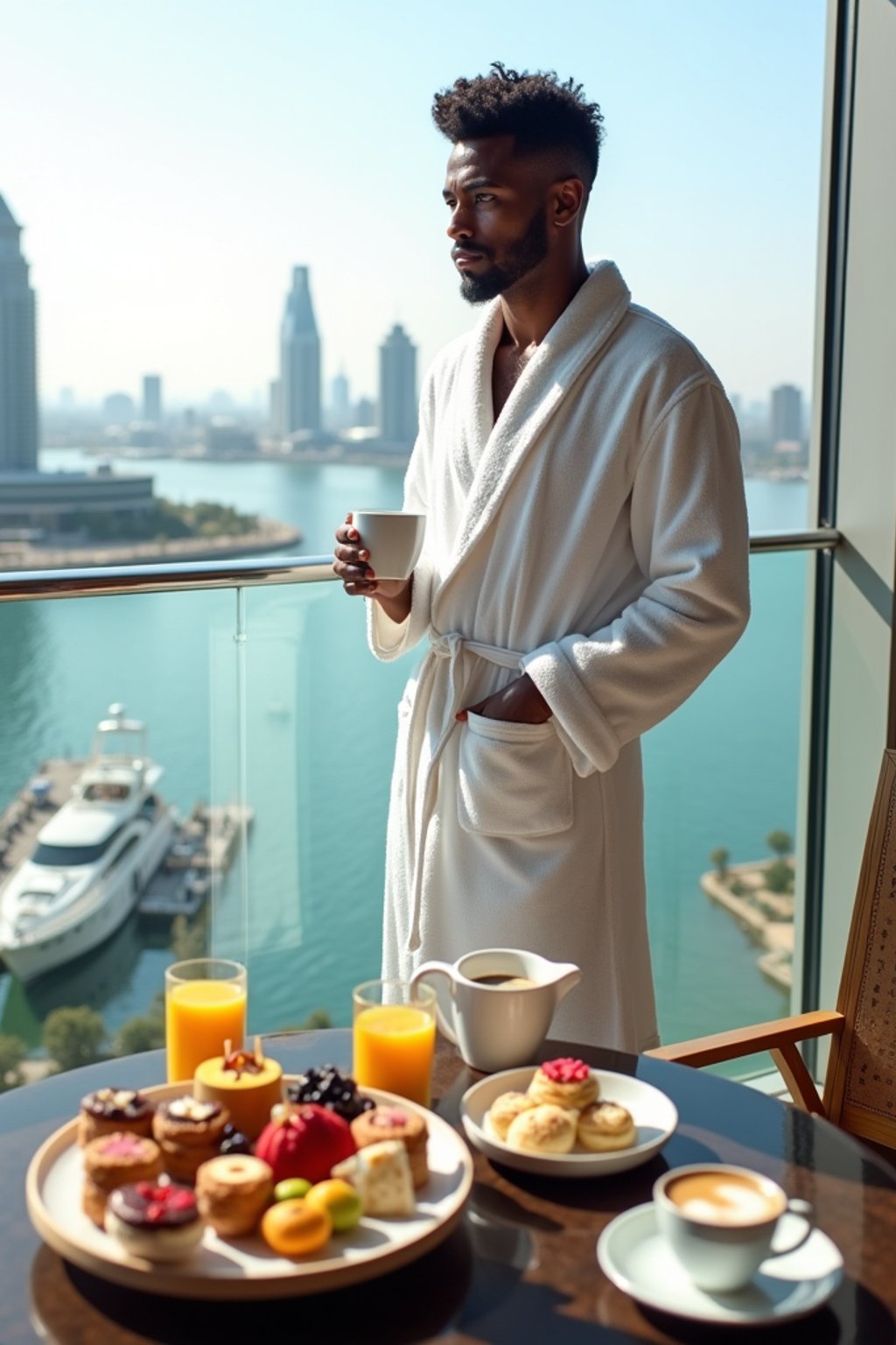 man standing on a luxurious balcony, overlooking a vibrant marina and modern skyscrapers. The man is wearing  a white robe with neatly styled hair, holding a coffee cup in one hand. A lavish breakfast tray with fresh pastries, colorful fruits, macarons, and beverages is elegantly set on a table in the foreground. The atmosphere is serene, with soft daylight enhancing the opulent cityscape and indulgent setting