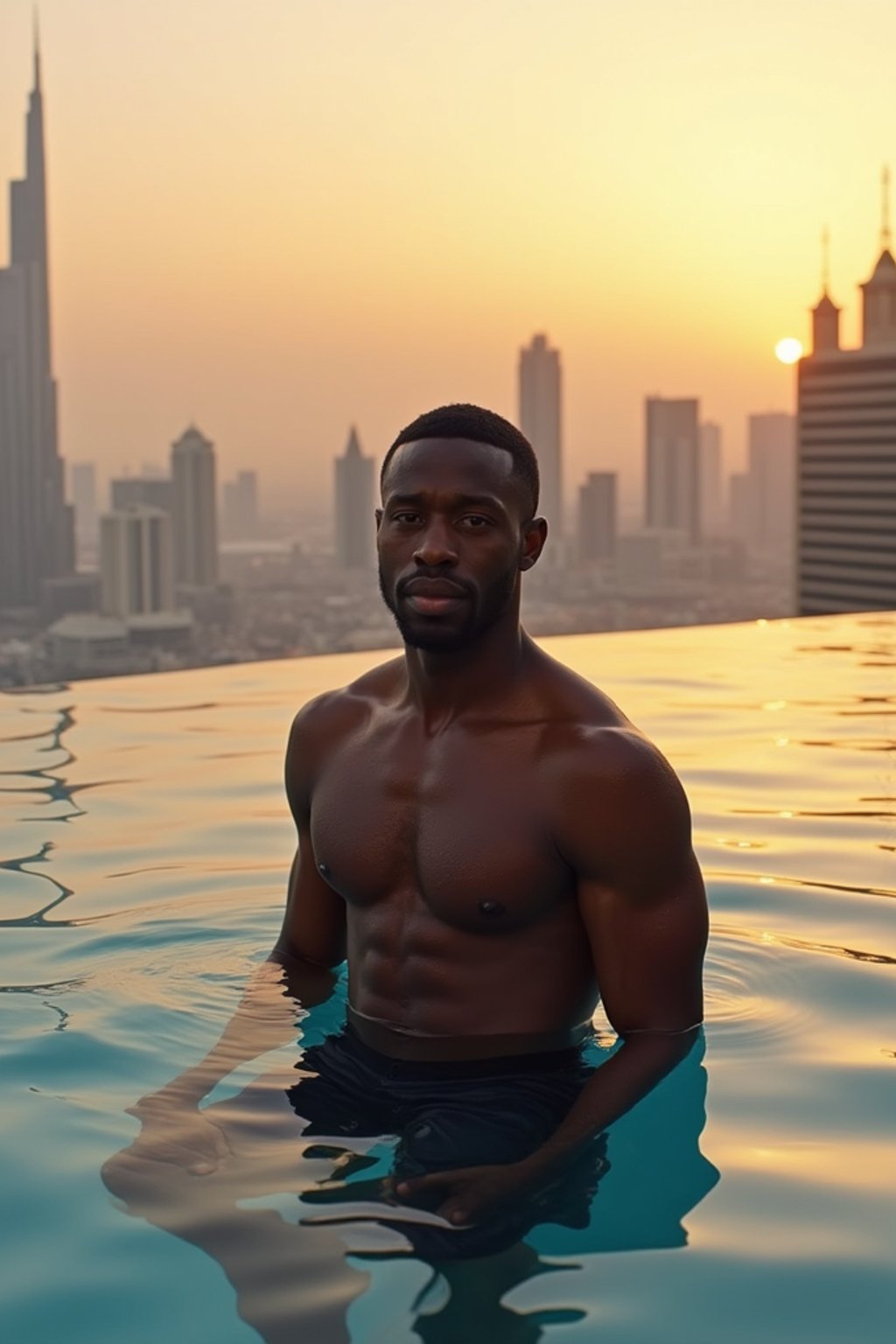 Full-body shot of man in infinity pool overlooking the skyline of Dubai at golden hour sunset. Model looks into the camera. upper body is outside the water.