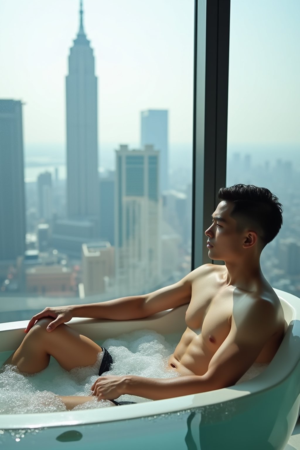 man wearing  swim shorts sitting in a luxurious bathtub filled with bubbles, overlooking a modern city skyline through a large glass window. The man has their hair styled neatly  short and neatly groomed, with the urban skyscrapers creating a striking backdrop. The atmosphere is serene, featuring soft daylight filtering through the window, emphasizing a sense of calm and exclusivity.